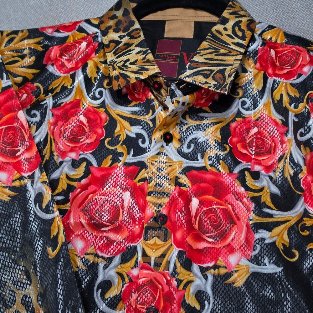 Vassari Button Up Shirt Mens Large Black Red Floral Leopard Snakeskin Excellent